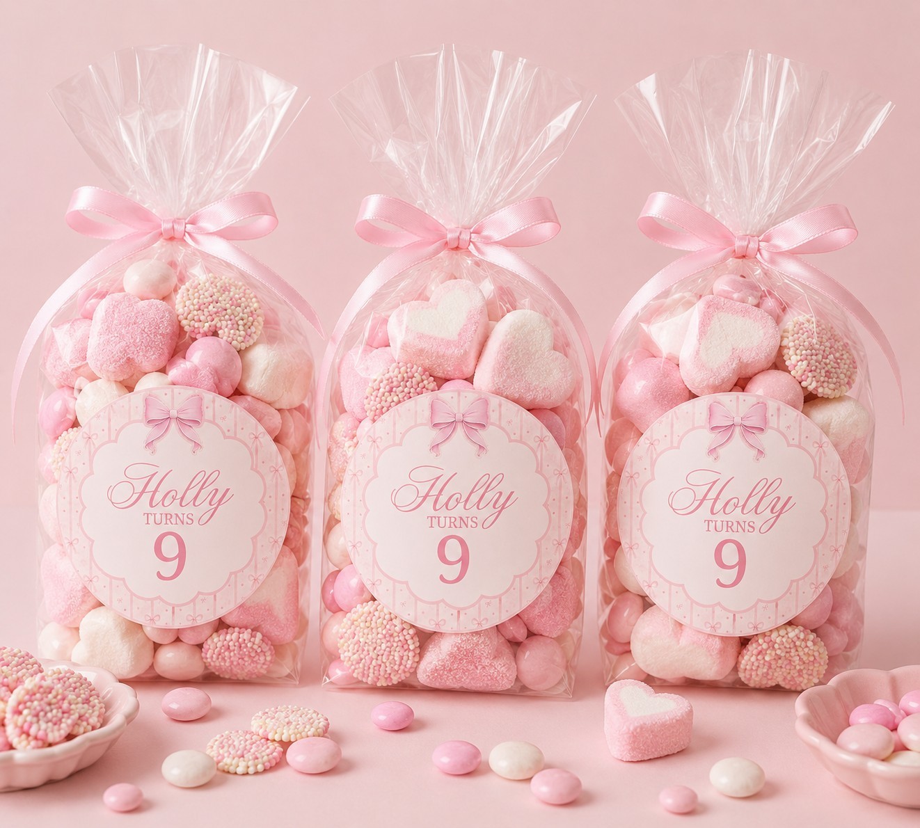 40 Personalised Pink Bow Birthday Sweet Cone Stickers Custom Party Favour Label