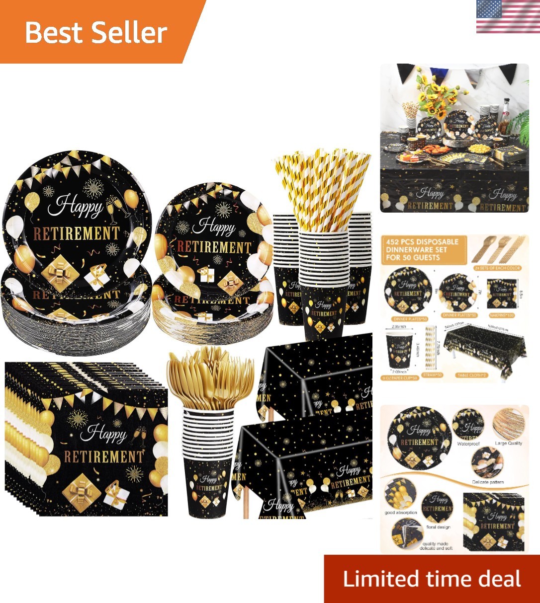 452 Pcs Black Gold Retirement Party Decorations – Stylish Disposable Tableware