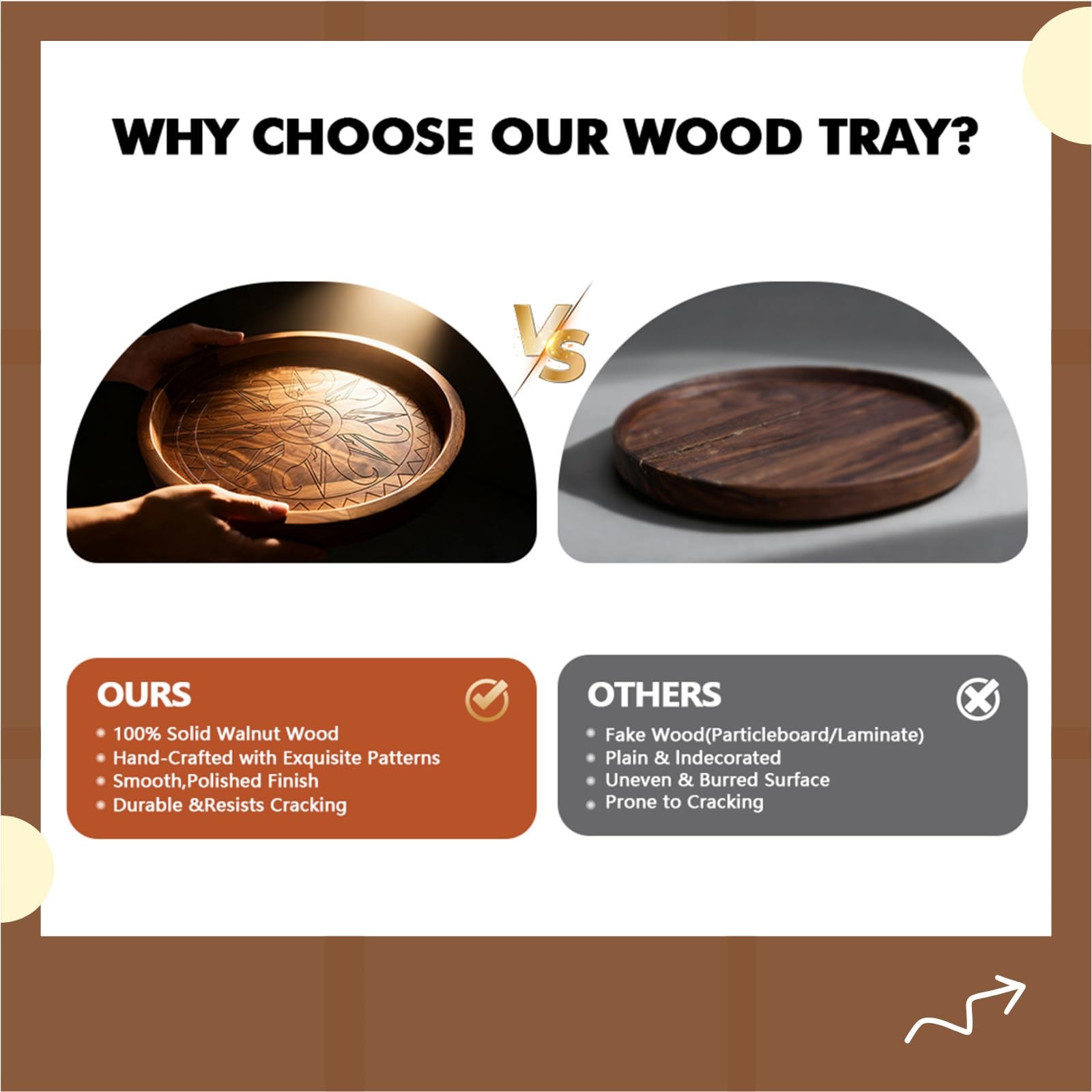 ORIGTRAY Walnut Tray, 12 Inches Ottoman Tray, Rustic Round Handcrafted Solid Woo