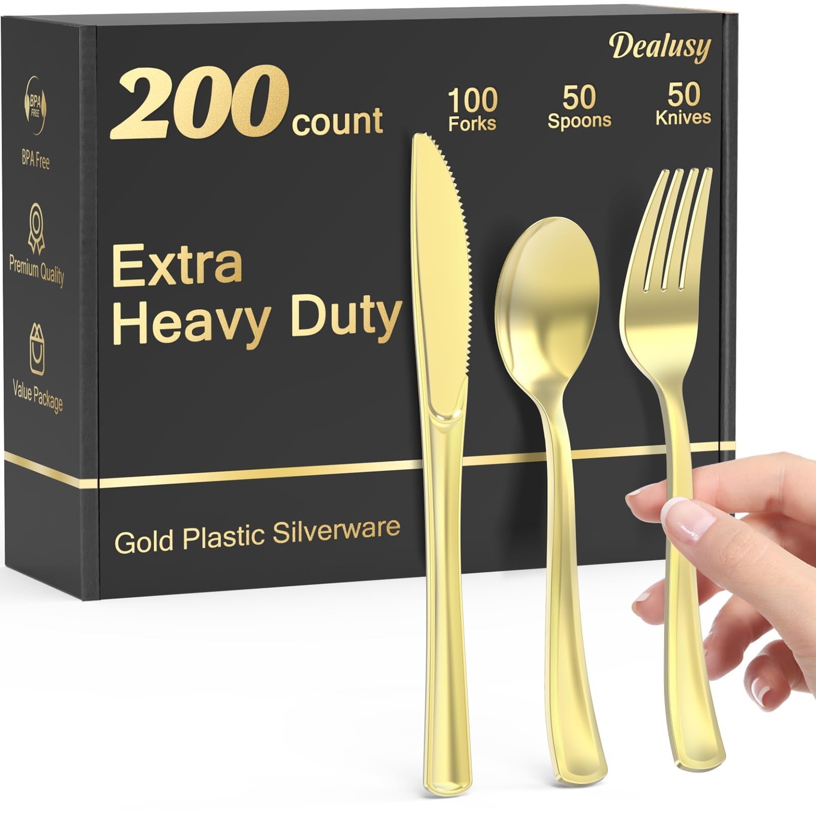 200 Count Heavy Duty Gold Plastic Silverware, 100 Forks, 50 Spoons, 50 Knives…