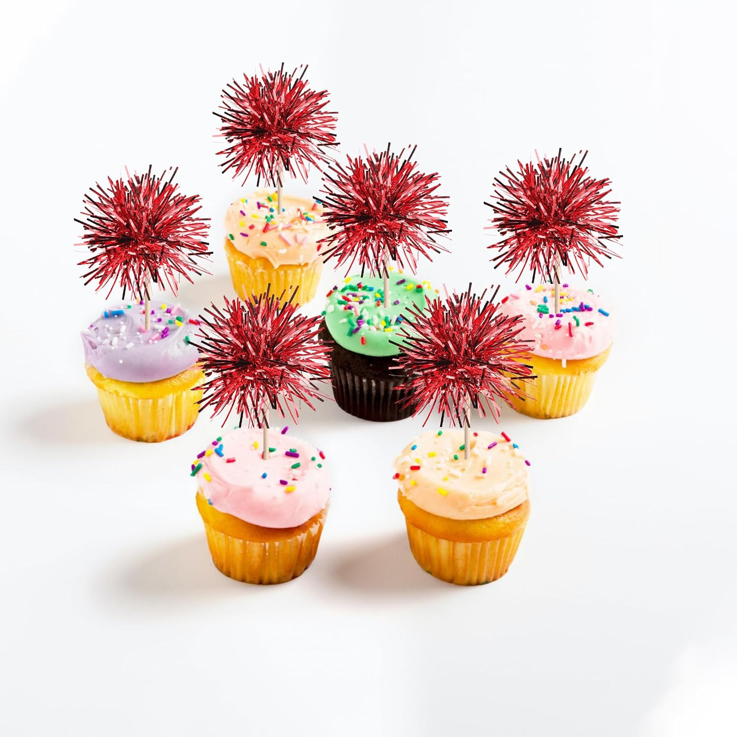 40 PCS Foil Firework Cupcake Toppers Sparkle Tinsel Cupcakae Picks Sparkler Fire