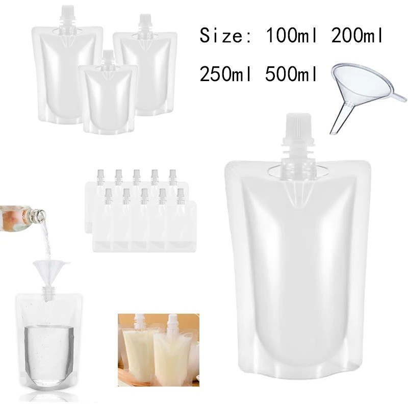 10pcs Clear Plastic Spouted Liquid Drink Bag Stand Up Pouch 100ml-500ml freeship