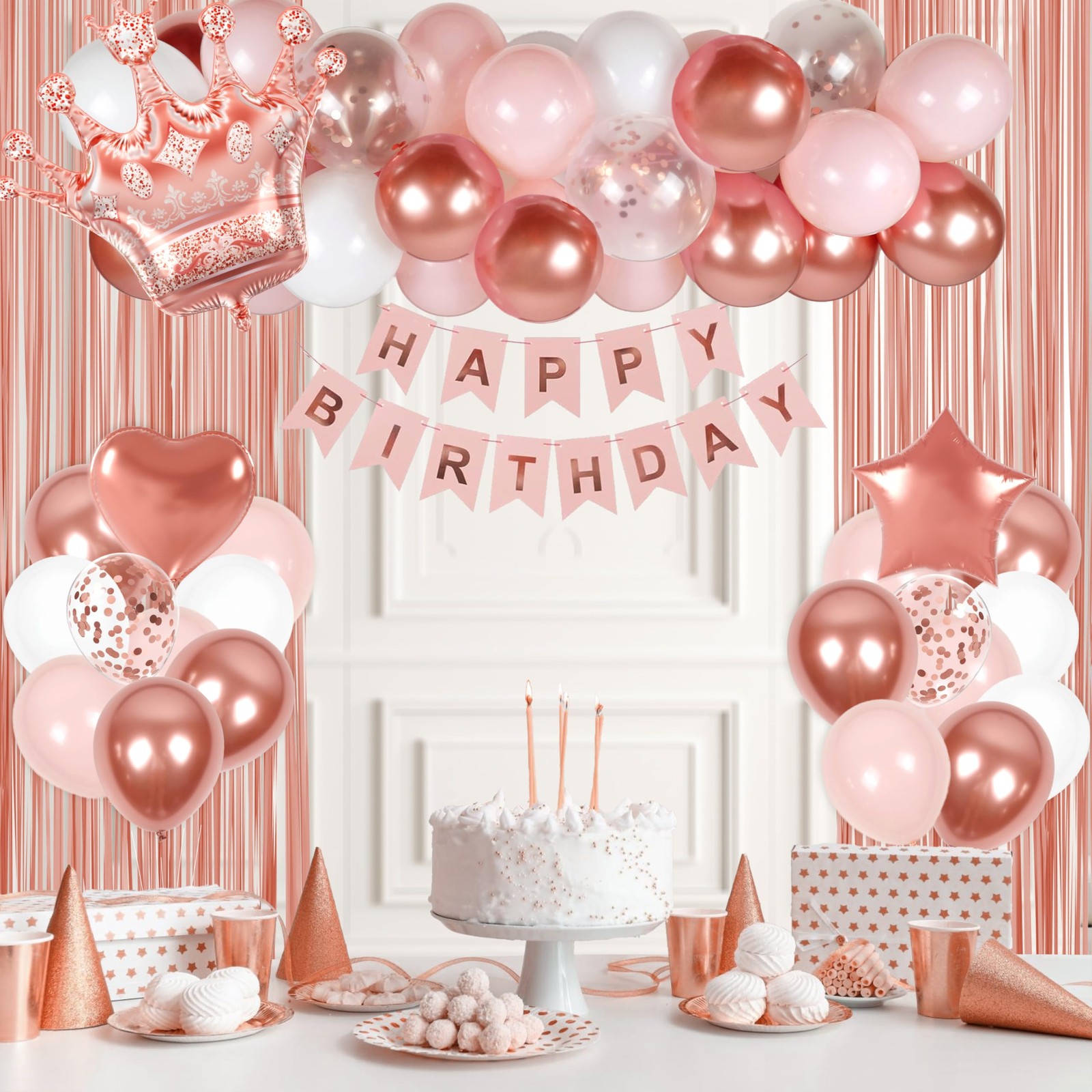 Rose Gold Birthday Decorations for Women with White Pink Rose Gold Balloons H…