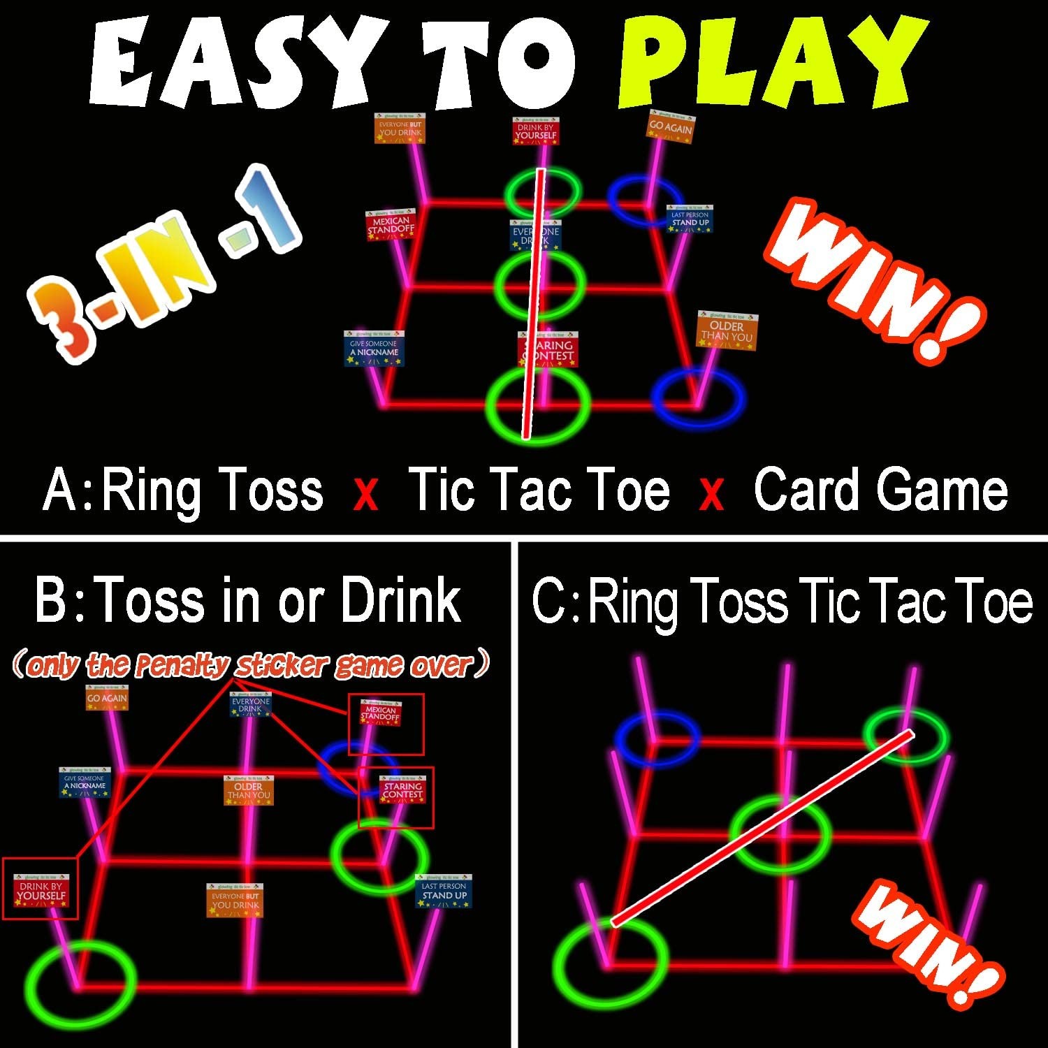 Ring Toss Games Glowing 3-in-1 Tic Tac Toe Game Indoor/Outdoor blue&green