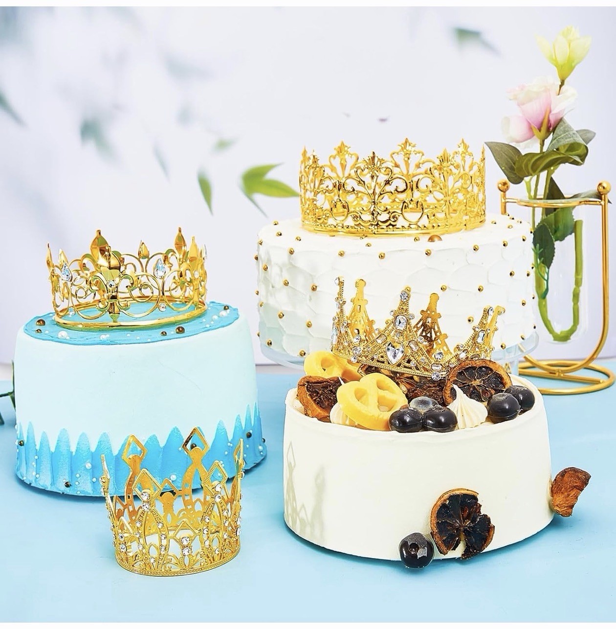 4 Pcs Mini Crown Cake Topper Flower Bouquets Accessories, Metal Rhinestone Princ