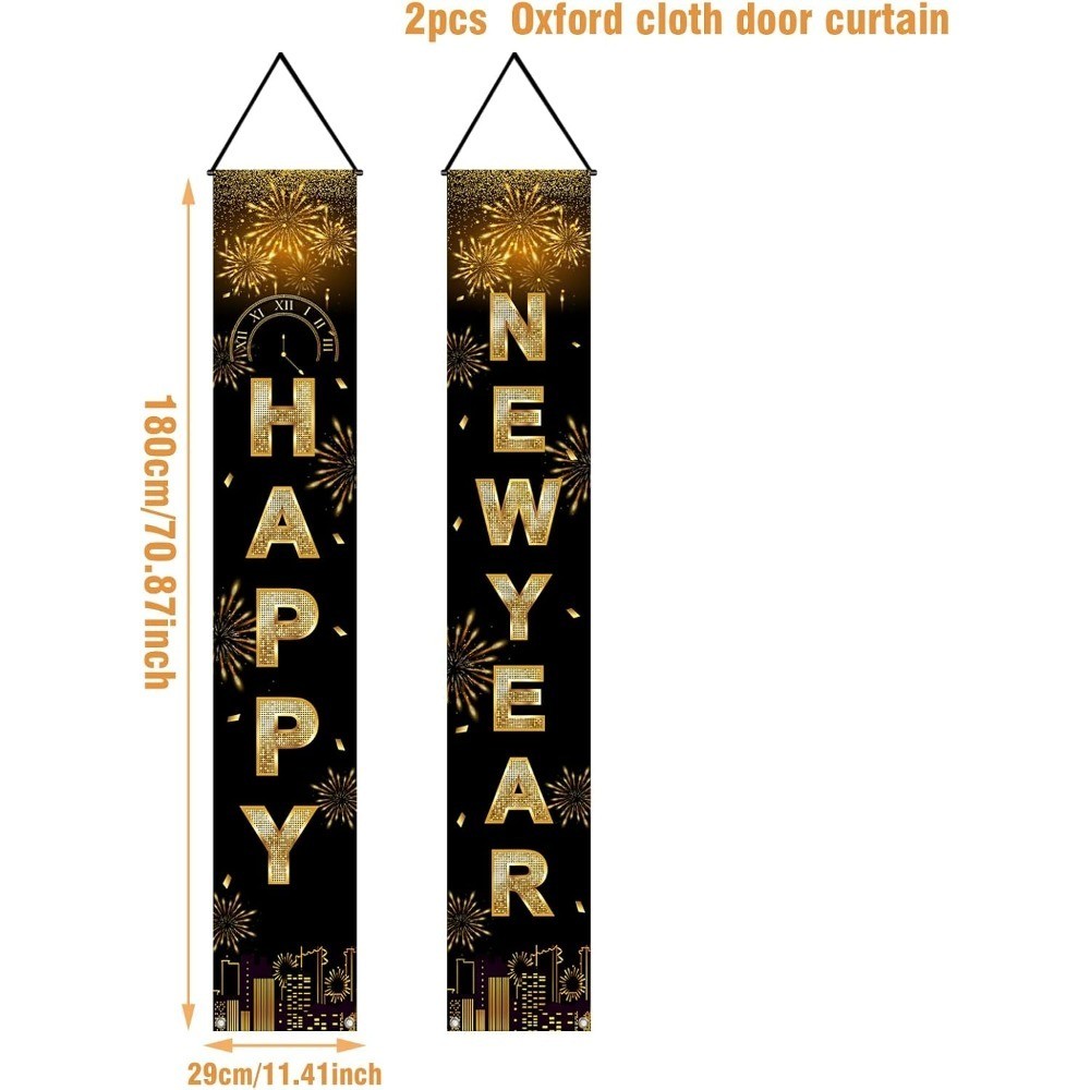 Happy New Year Black Gold Decorations – Front Porch Hang Door Banners, New Year