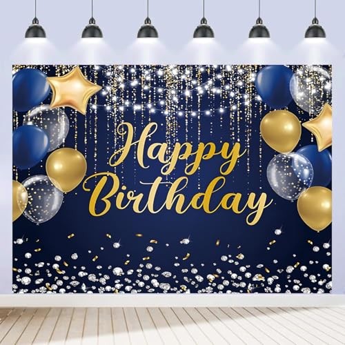 Happy Birthday Backdrop for Men Boys Navy and Gold Happy Birthday 7x5ft Blue