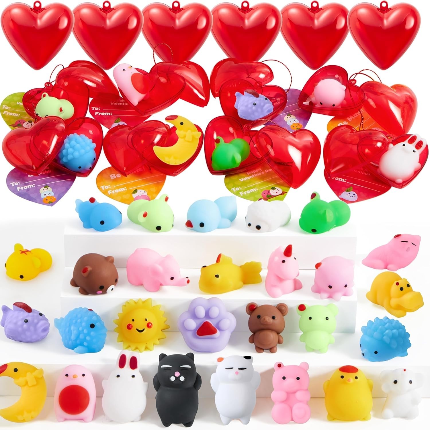 28 PCS Mochi Squishy Toys with Valentine Cards and Filled Hearts Party Favors fo