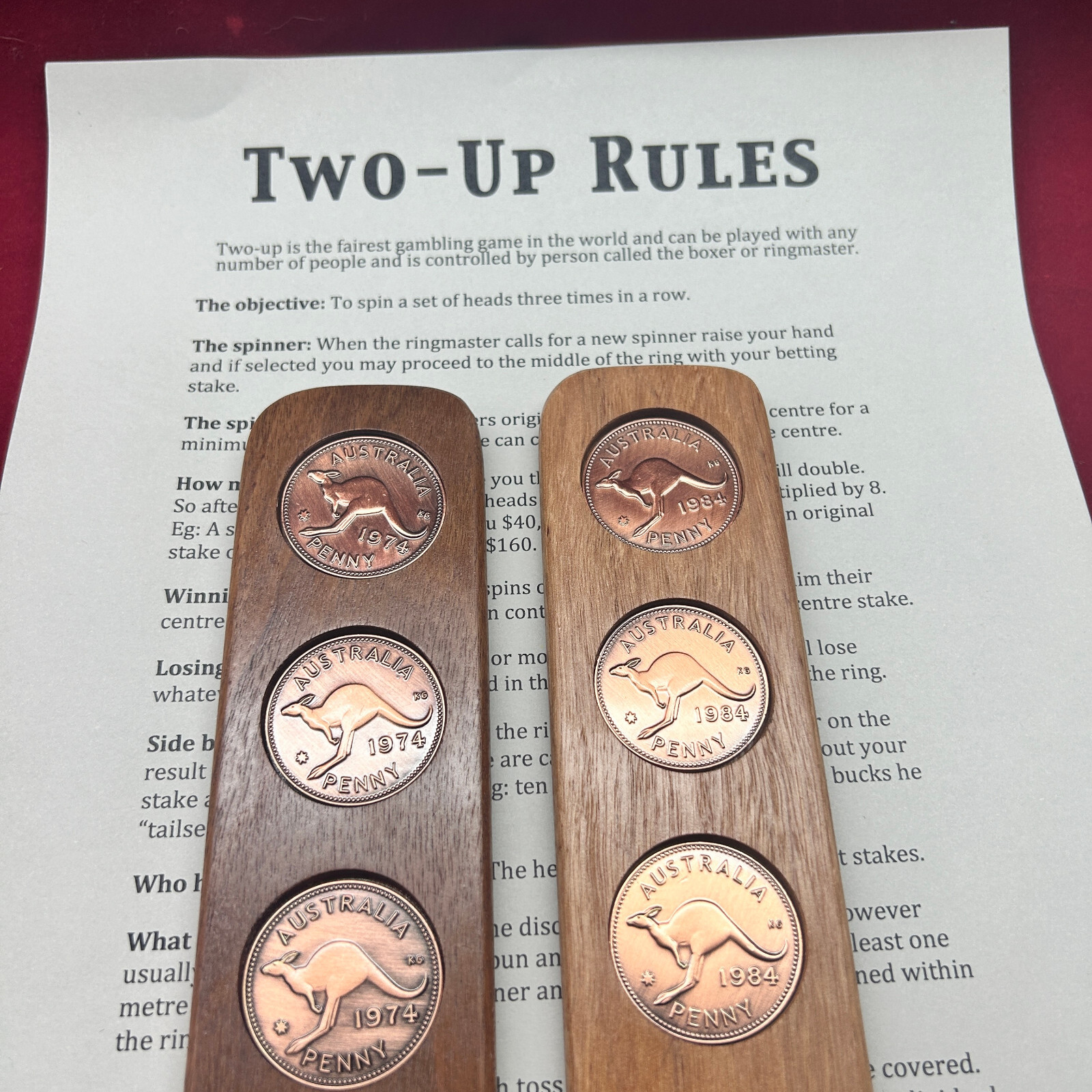 1944 Hardwood Two-Up Game Set Birthday Gift present 1944 Australian Penny two up