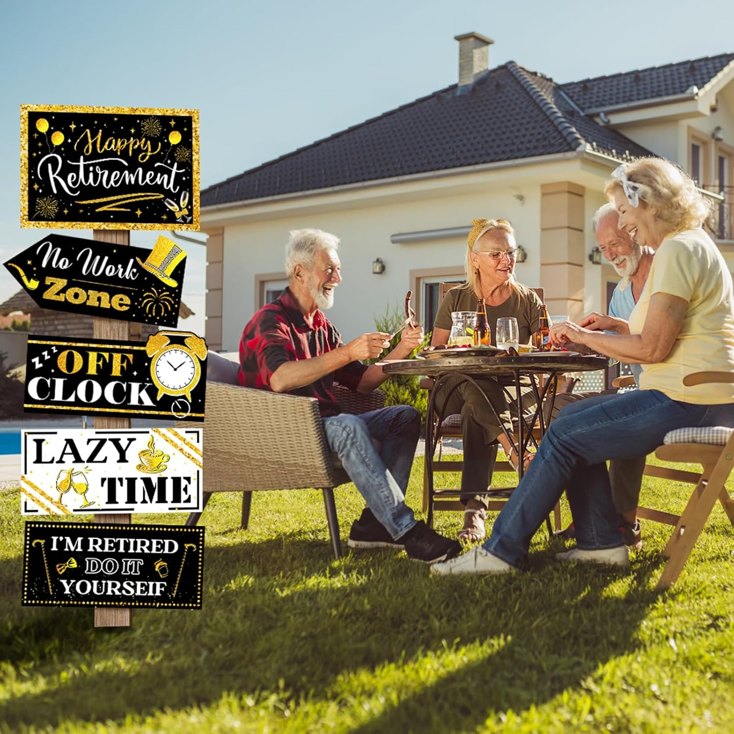 20 Pcs Retirement Party Decorations Black and Gold Happy Retirement Banner Sign