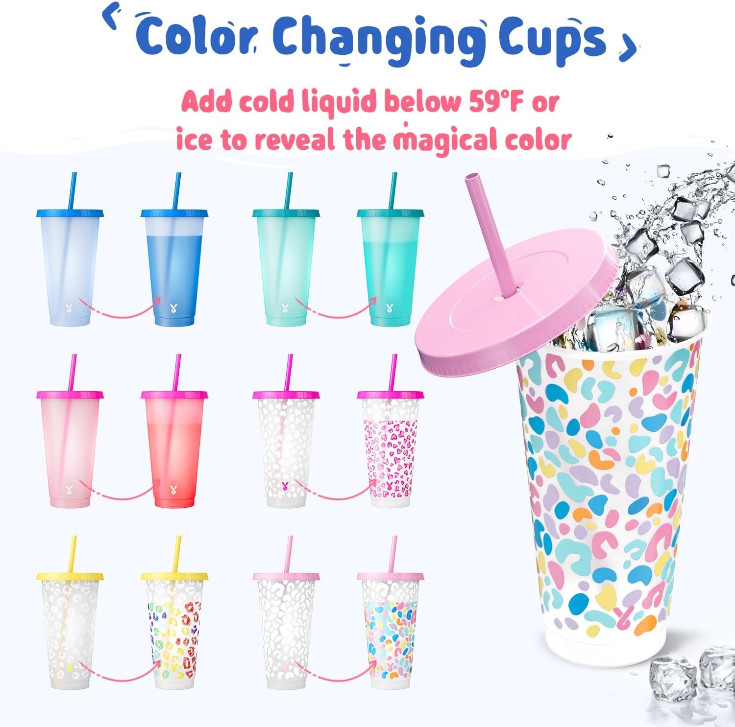 Meoky Plastic Cups with Lids and 6 Count (Pack of 1), Solid & Patterned