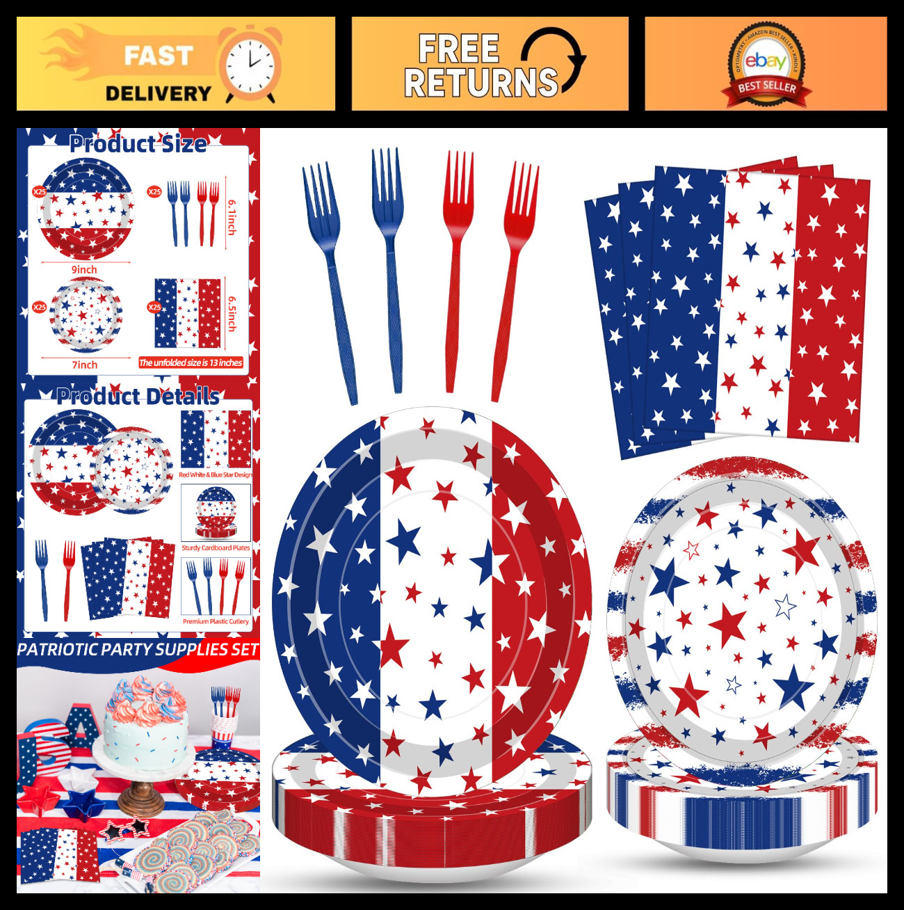100 Pcs Patriotic Party Supplies Set – Red White Blue Star Plates, Napkins & For