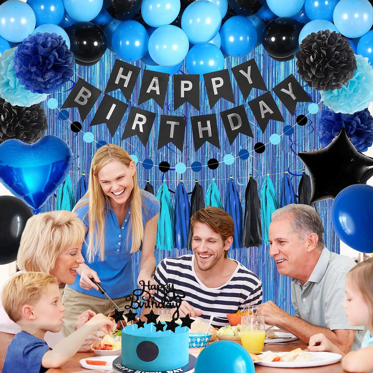 Blue and Black Happy Birthday Party Decorations kit for Boys Men Women with H…