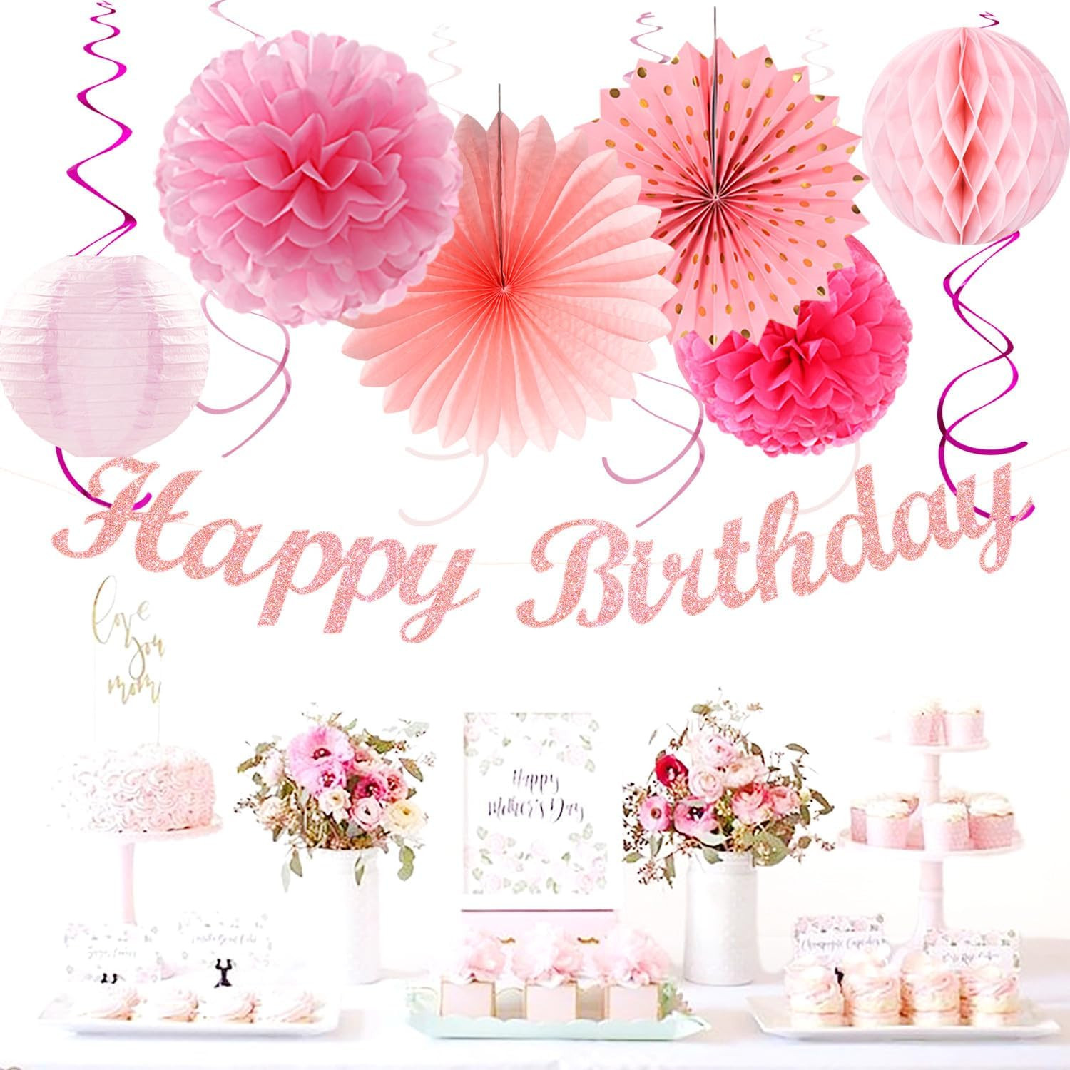 Light Hot Pink Birthday Party-Decorations – 21Pcs Girl Happy Banner,Paper Lanter
