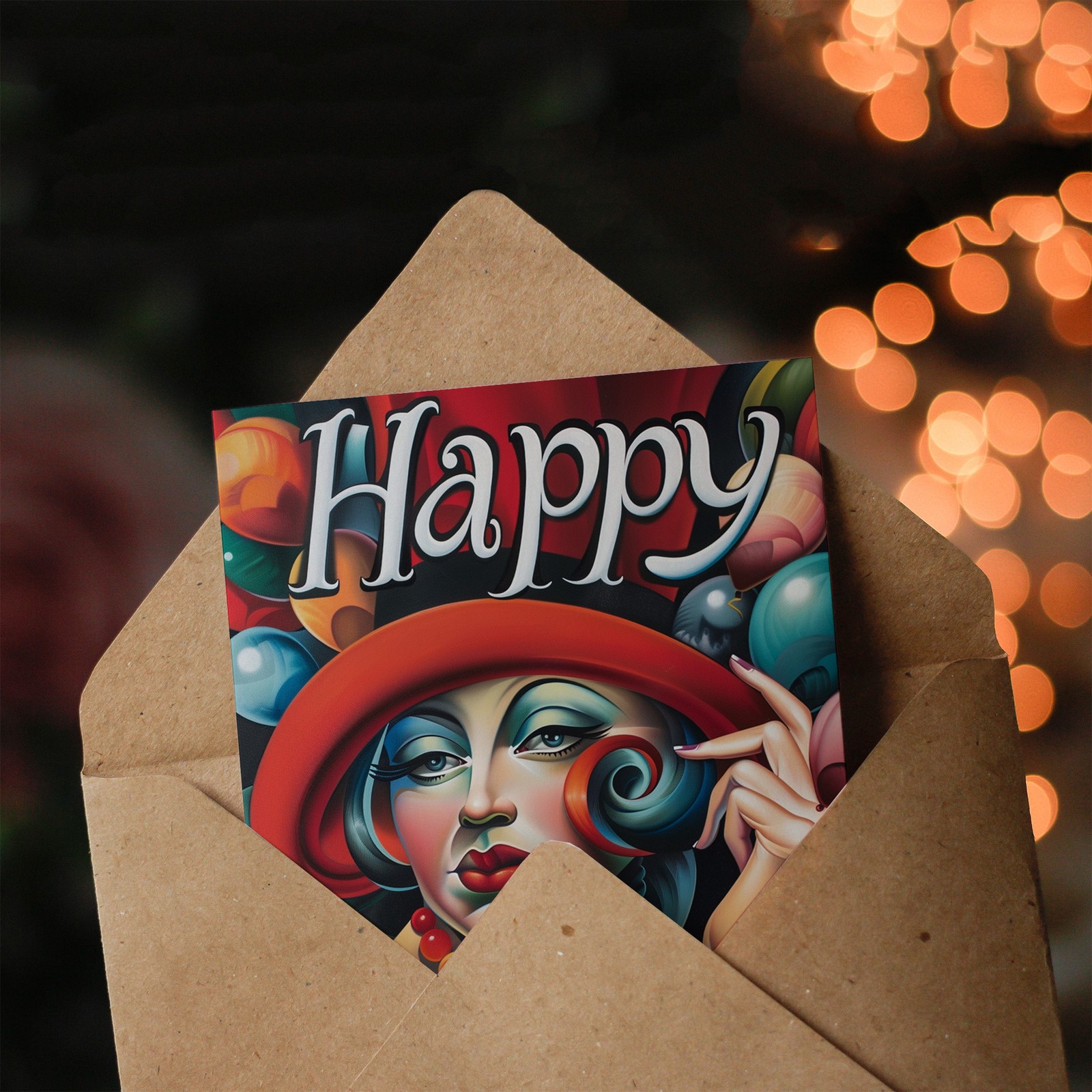 Birthday Card Art Deco Woman Top Hat and Balloons For Her Woman Greeting Card