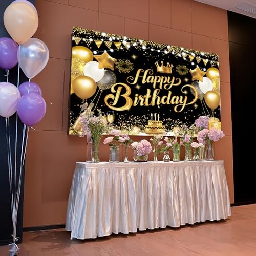 ft Happy Birthday Backdrop Banner – Black Gold Glitter Balloon Theme 7×5