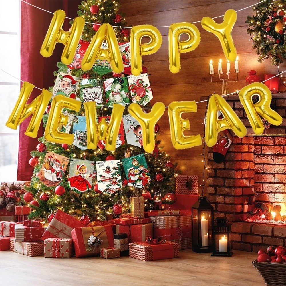 Gold Happy New Year Balloons, 16 Inch Gold Happy New Year Banner Decorations
