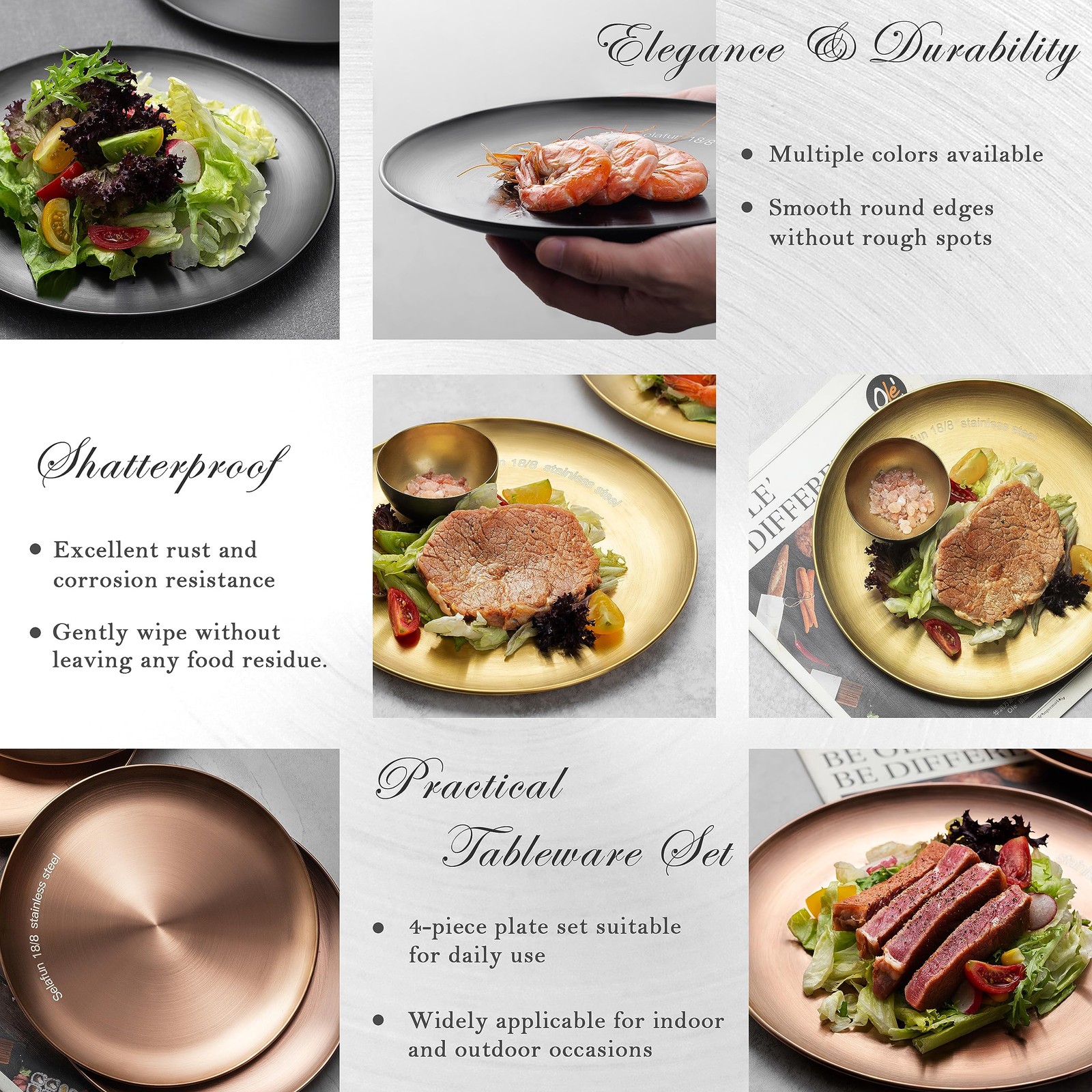 Stainless Steel Dinner Plates 9 Inch 18/8 Round – Set of 4 – Dishwasher Safe