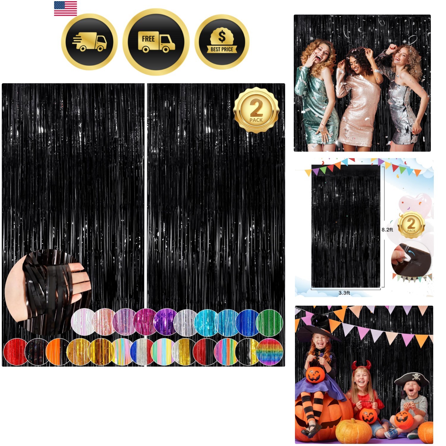 Black Fringe Curtain Party Streamers 2Pack 3.3×8.3 Ft Foil Fringe Backdrop Cu…