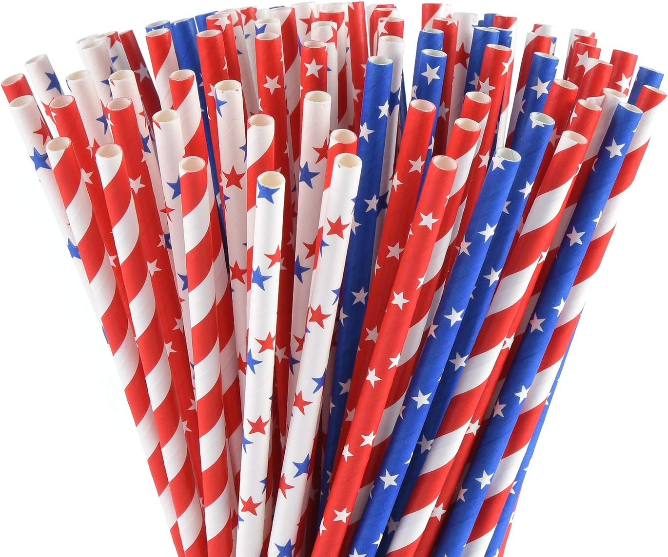 ALINK American Flag Red Blue White Paper Straws, 100 Stripe/Star Biodegradable