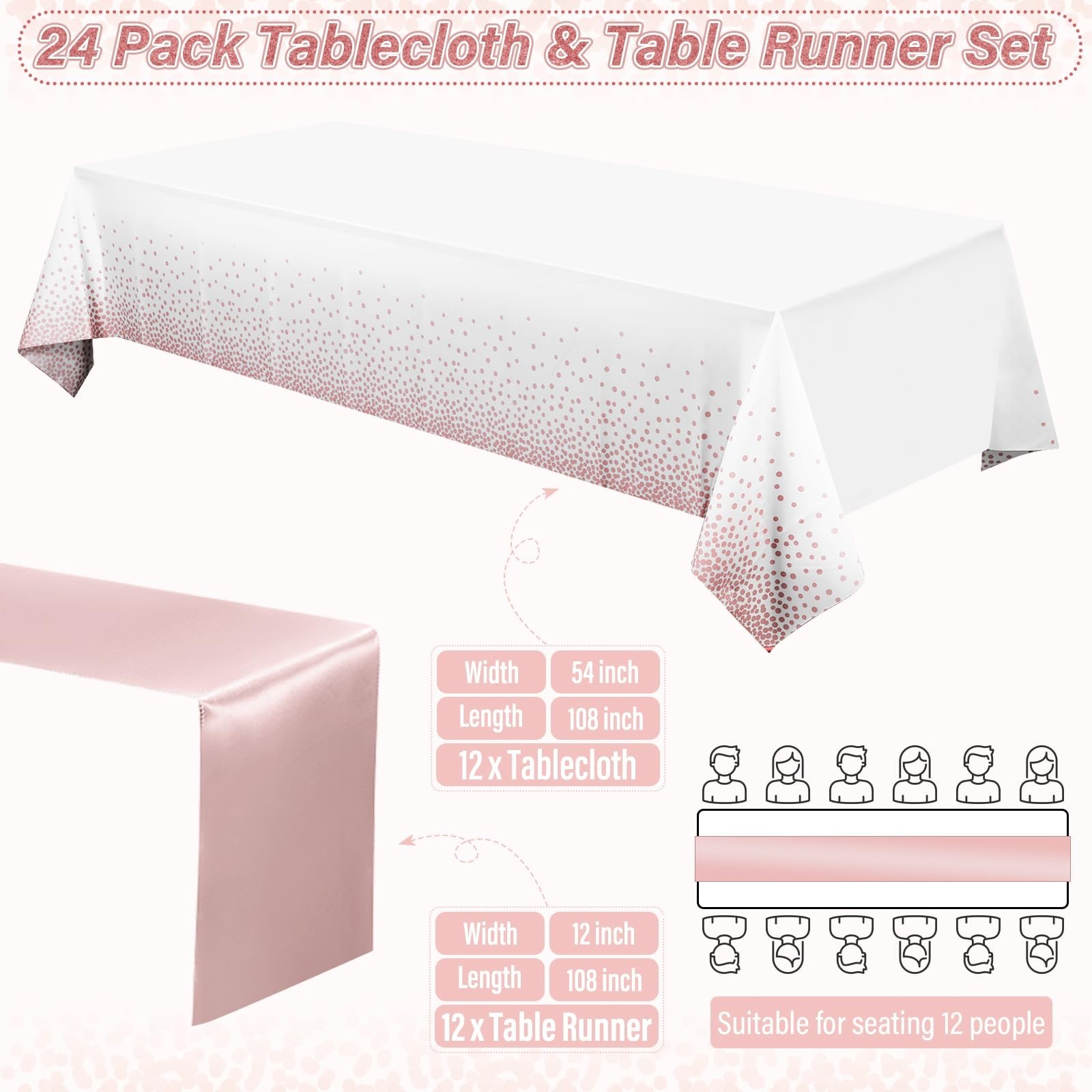 24 Pack Rose Gold Tablecloth and Table Runner Set Party Decorations, White an…