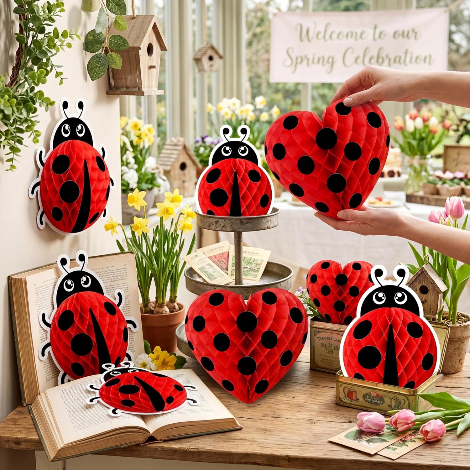 Ladybug Party Decorations 14PCS Heart Shaped Lady Bug Honeycomb Banner Set