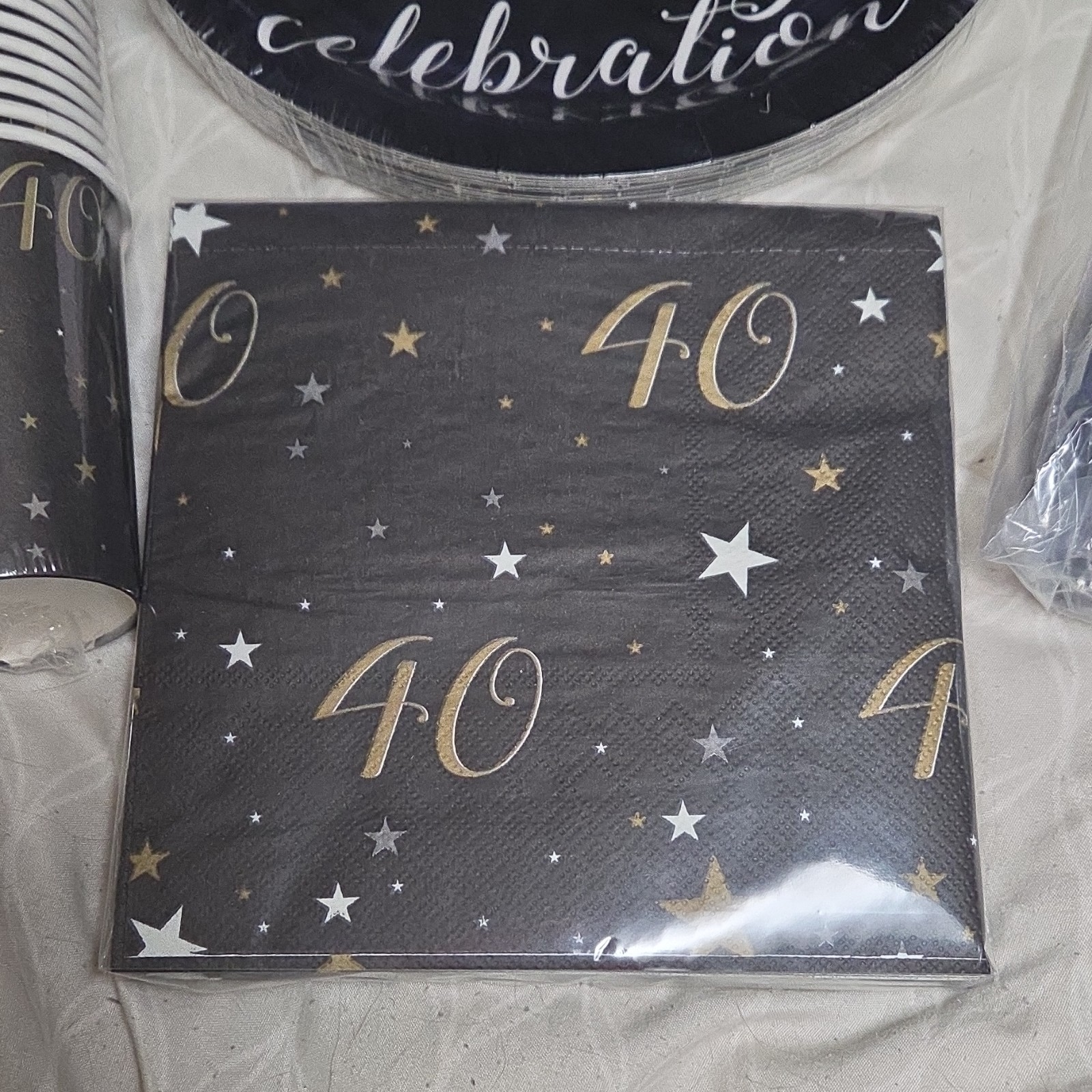 40th Birthday Party Tableware Set, Black/Gold/White Stars, Paper & Plastic