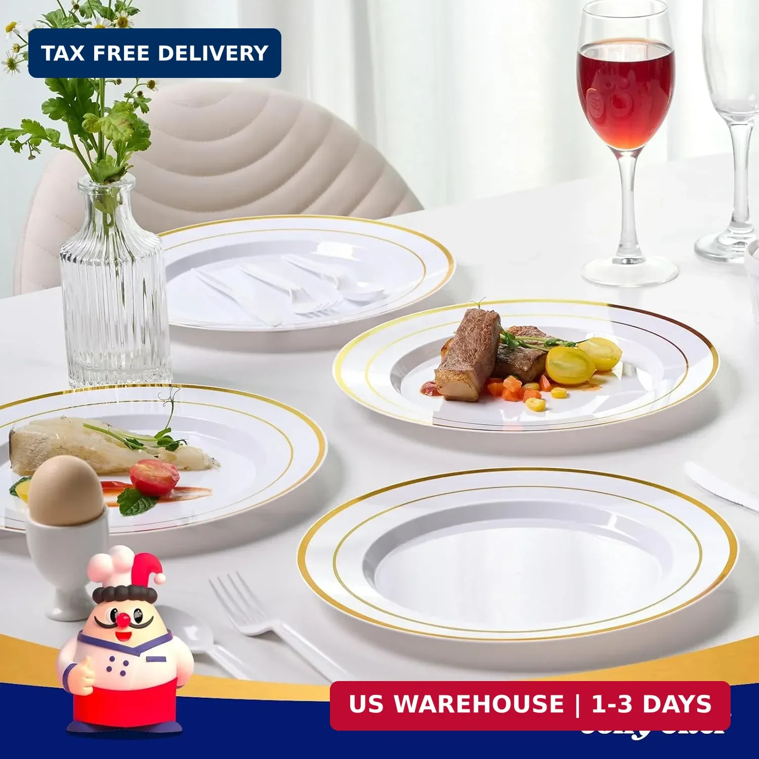 JOLLY CHEF 100 Pieces Gold Plastic Plates, 10 Inch Elegant Disposable Dinner Whi