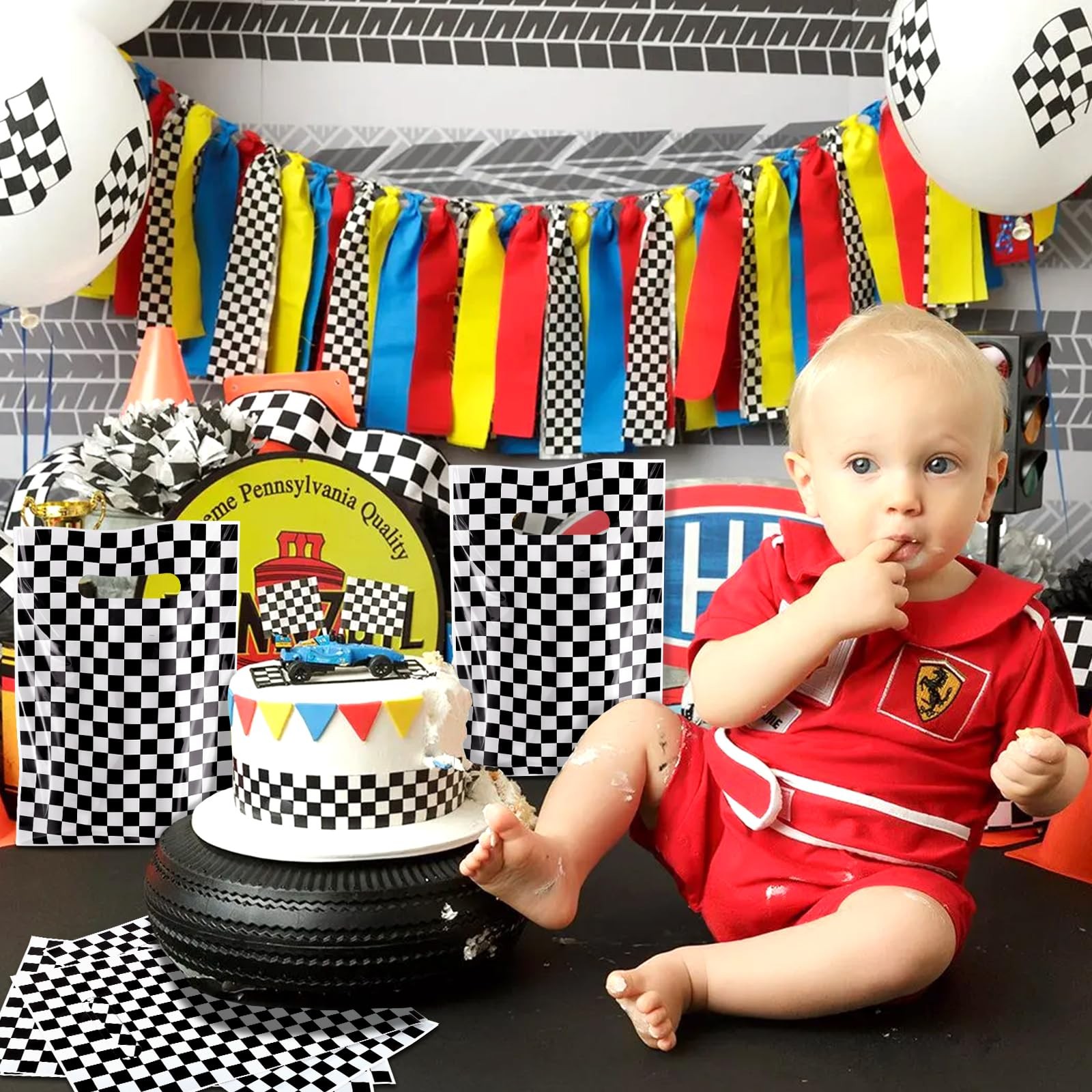 Race Car Theme Party Favors, 50 Plastic Checkered Bags, Black