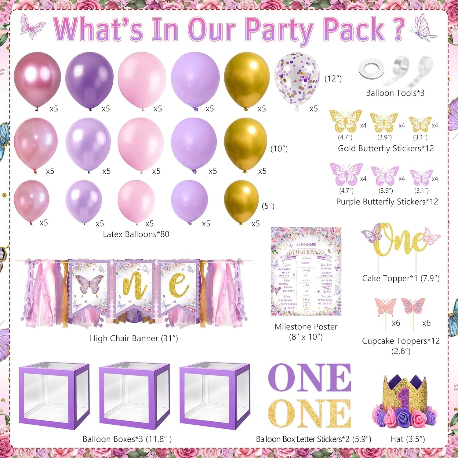 134pcs Purple Butterfly Birthday Decorations for Girl, 1st Birthday Decorations