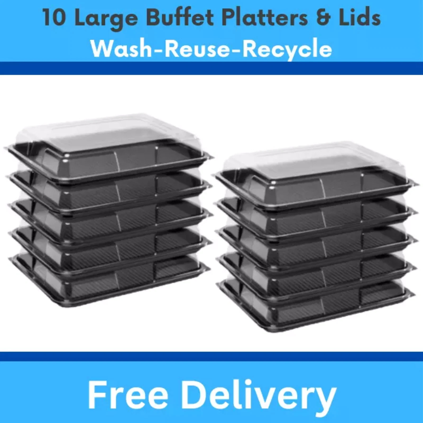 10x Large Black Catering Platters Clear Lids Reusable Buffet Party Food Trays