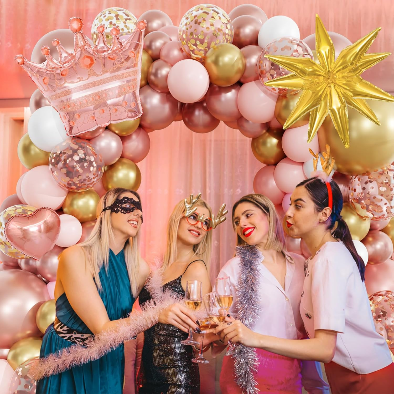 154Pcs Rose Gold Balloons Arch Garland Kit, Bachelorette Pink and Gold Confetti