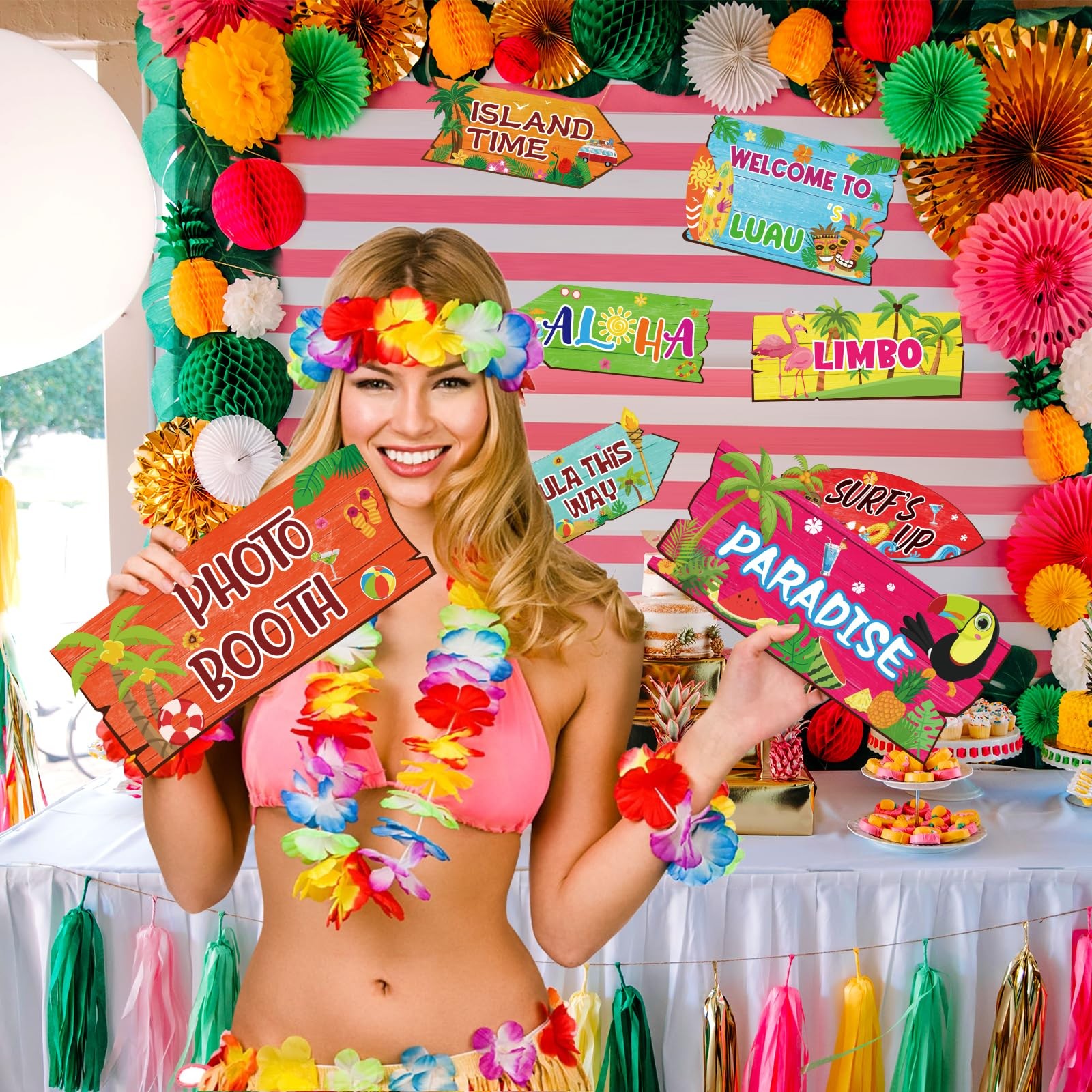 20 Pcs Luau Party Decorations Tropical Aloha Table Signs Multiple Colors Set