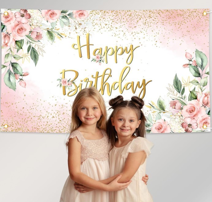 Rose Gold Birthday Backdrop for Women Pink Floral Golden Flash Happy Birthday Pa