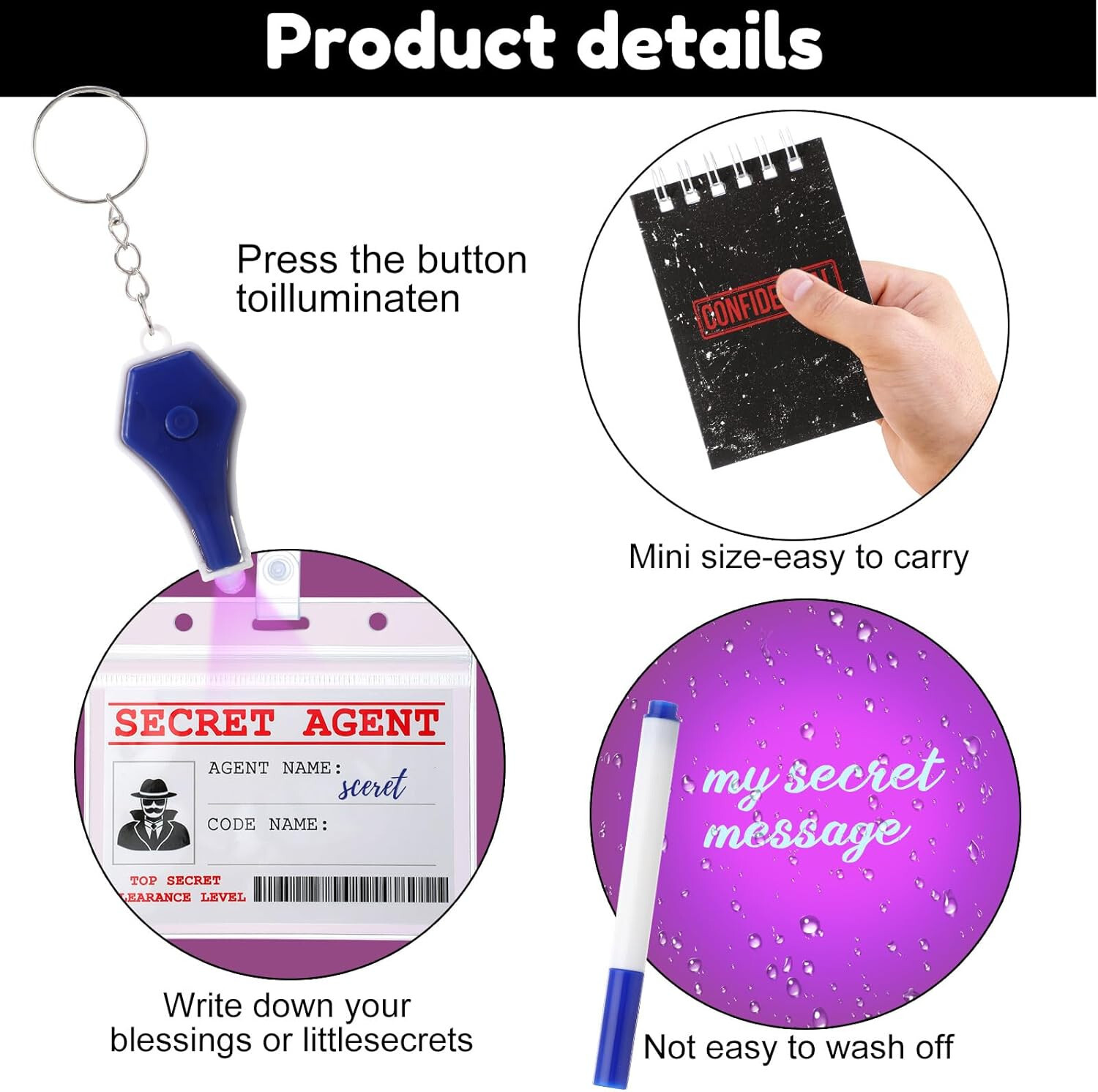 Secret Agent Spy Detective Party Favor UV mini light invisible ink pen notebooks