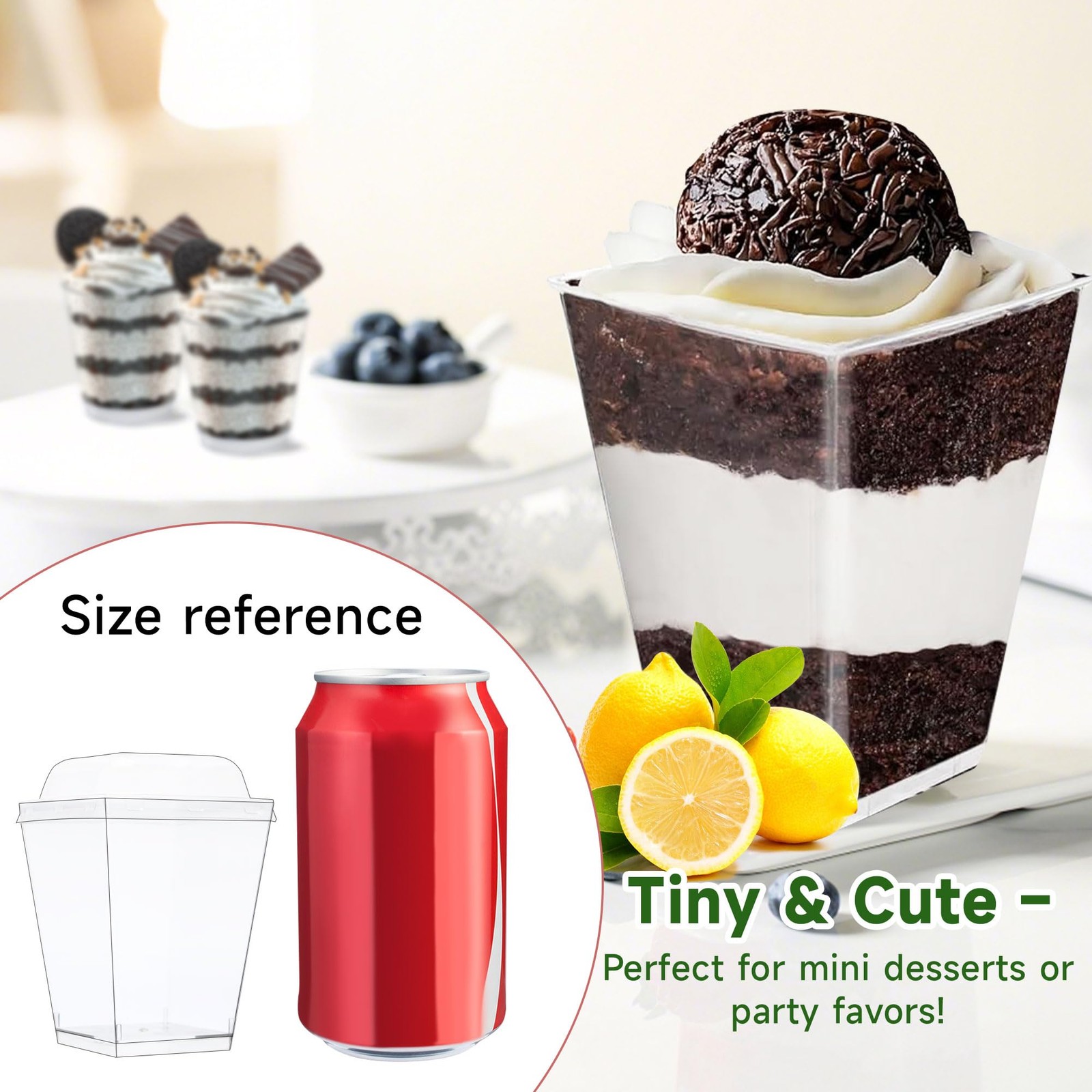 300 PCS 5.4 oz Clear Square Mini Dessert Cups Lids Spoons Small Plastic Bowl
