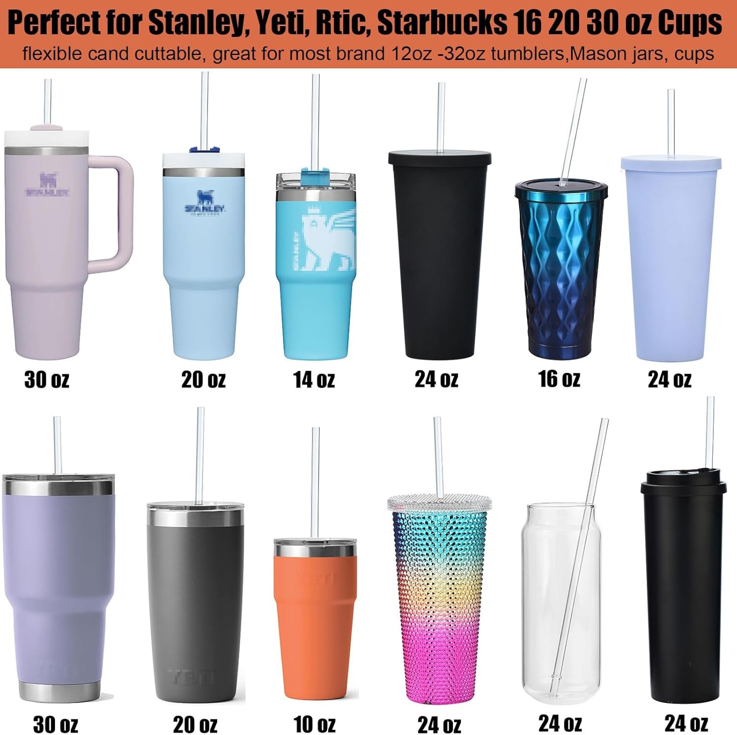 ALINK 12-Pack Reusable Clear Plastic Straws, 10.5 in x 0.3 in Replacement Tumble