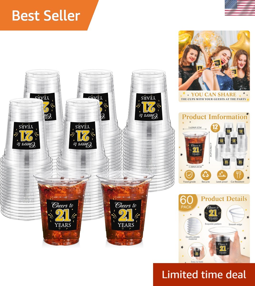 60 Pack 21st Birthday Cup 12 oz Cheers to 21 Disposable Clear Plastic Cups f…