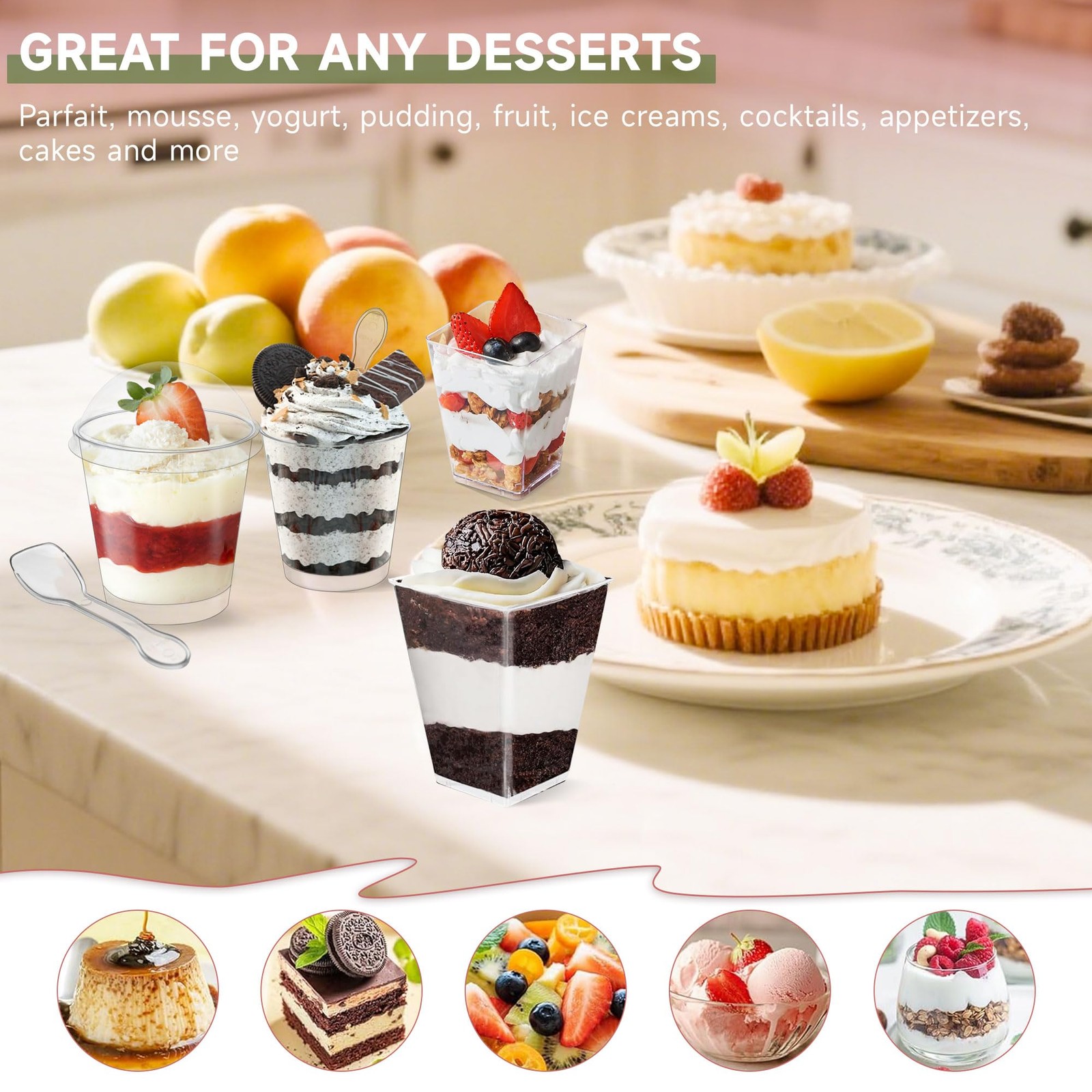 300 PCS 5.4 oz Clear Square Mini Dessert Cups Lids Spoons Small Plastic Bowl