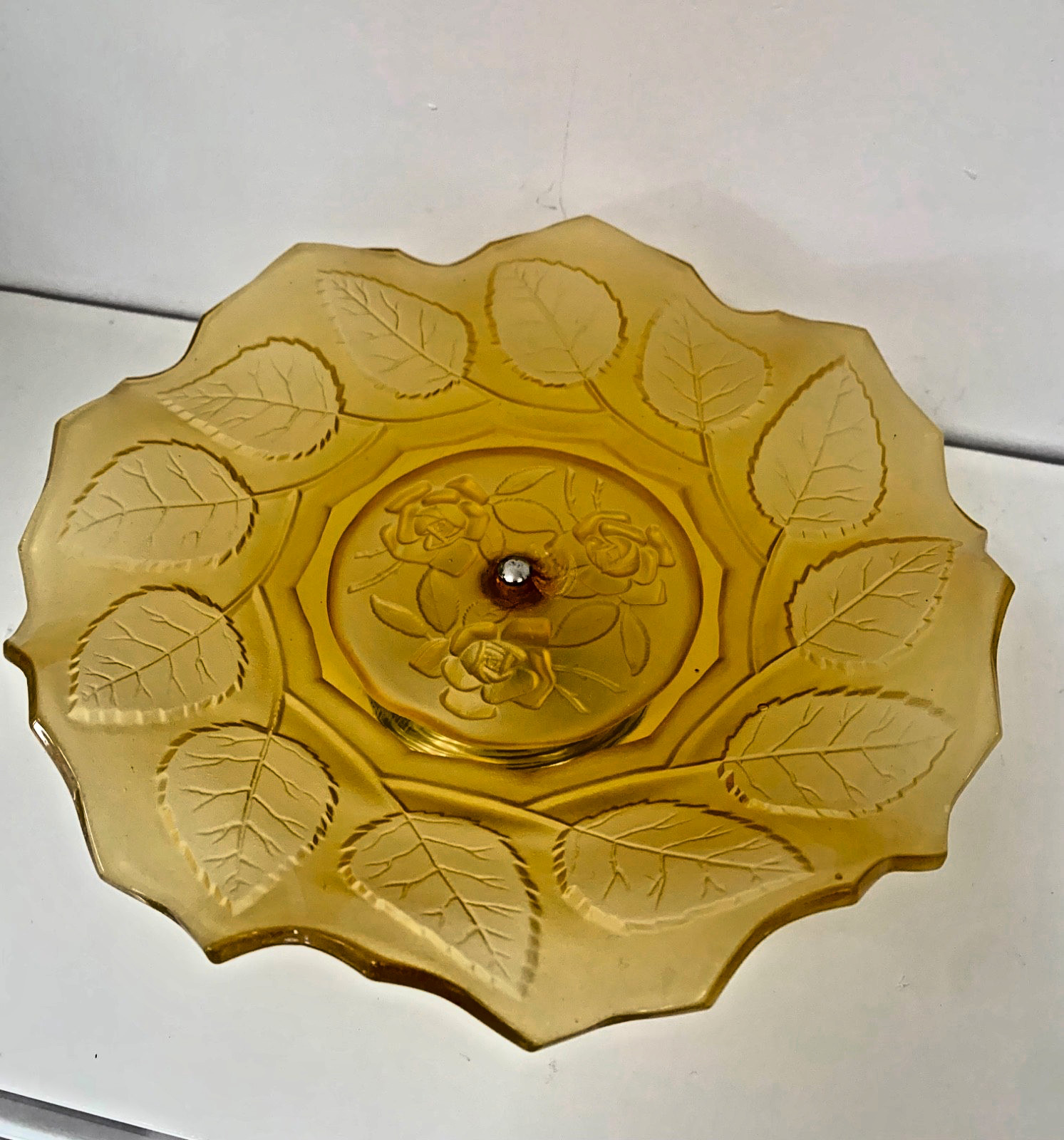 Vintage Mid 20th Century art deco stye amber frosted glass cake stand