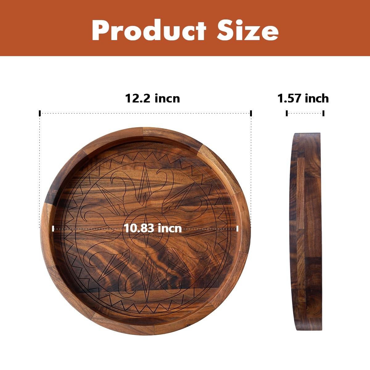 ORIGTRAY Walnut Tray, 12 Inches Ottoman Tray, Rustic Round Handcrafted Solid Woo