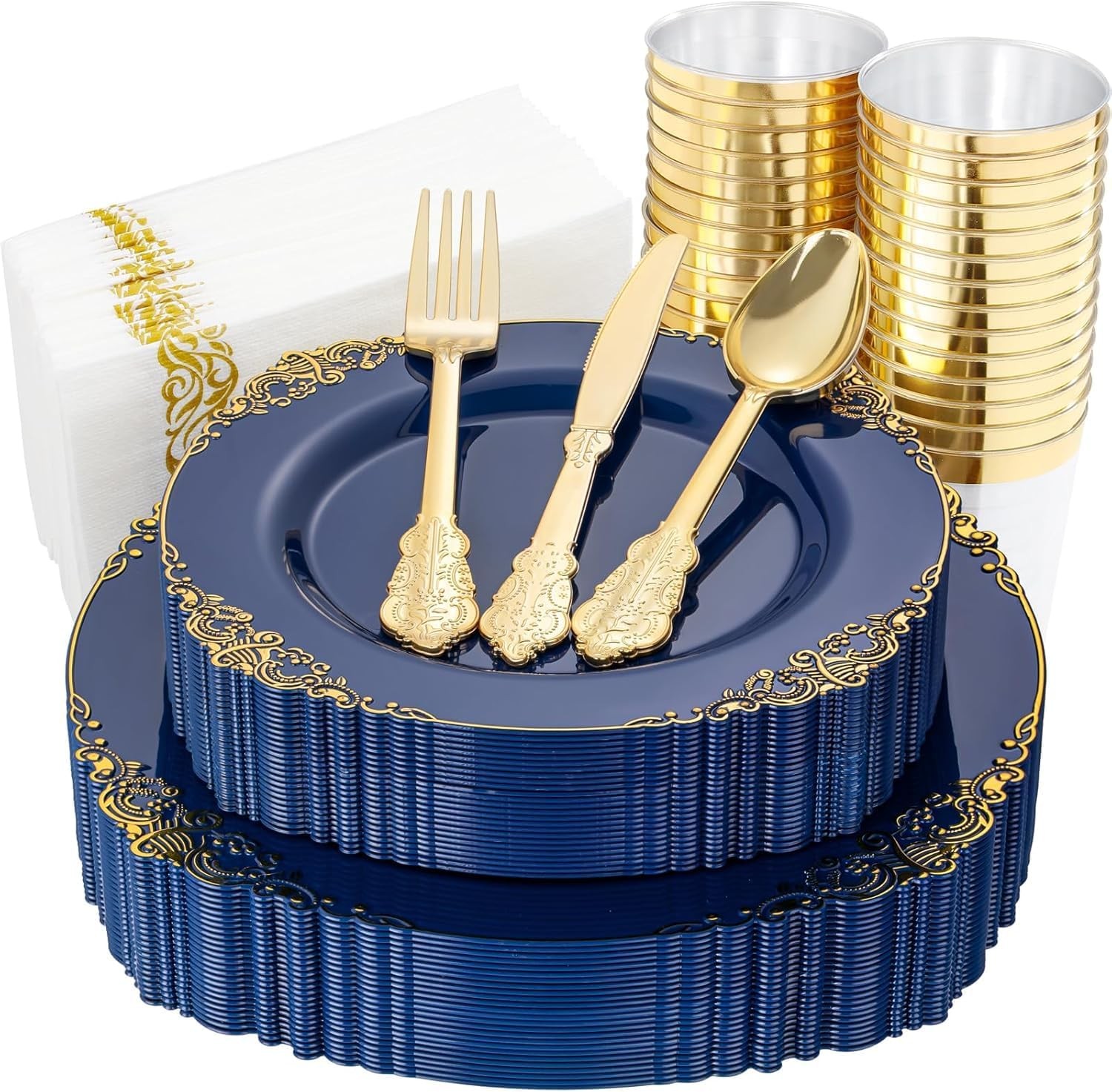 175PCS Blue Plastic Plates – Blue Gold Plastic Dinnerware Set Disposable Include