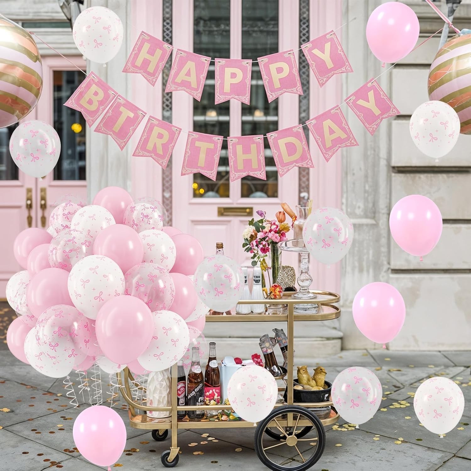 Pink Bow Balloons, 12 Inch Pastel Light Pink Transparent White Bow Print Coqu…