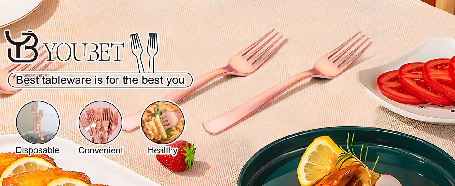 50PCS Rose Gold Plastic Forks – Heavy Duty Plastic Forks – Solid Durable Rose