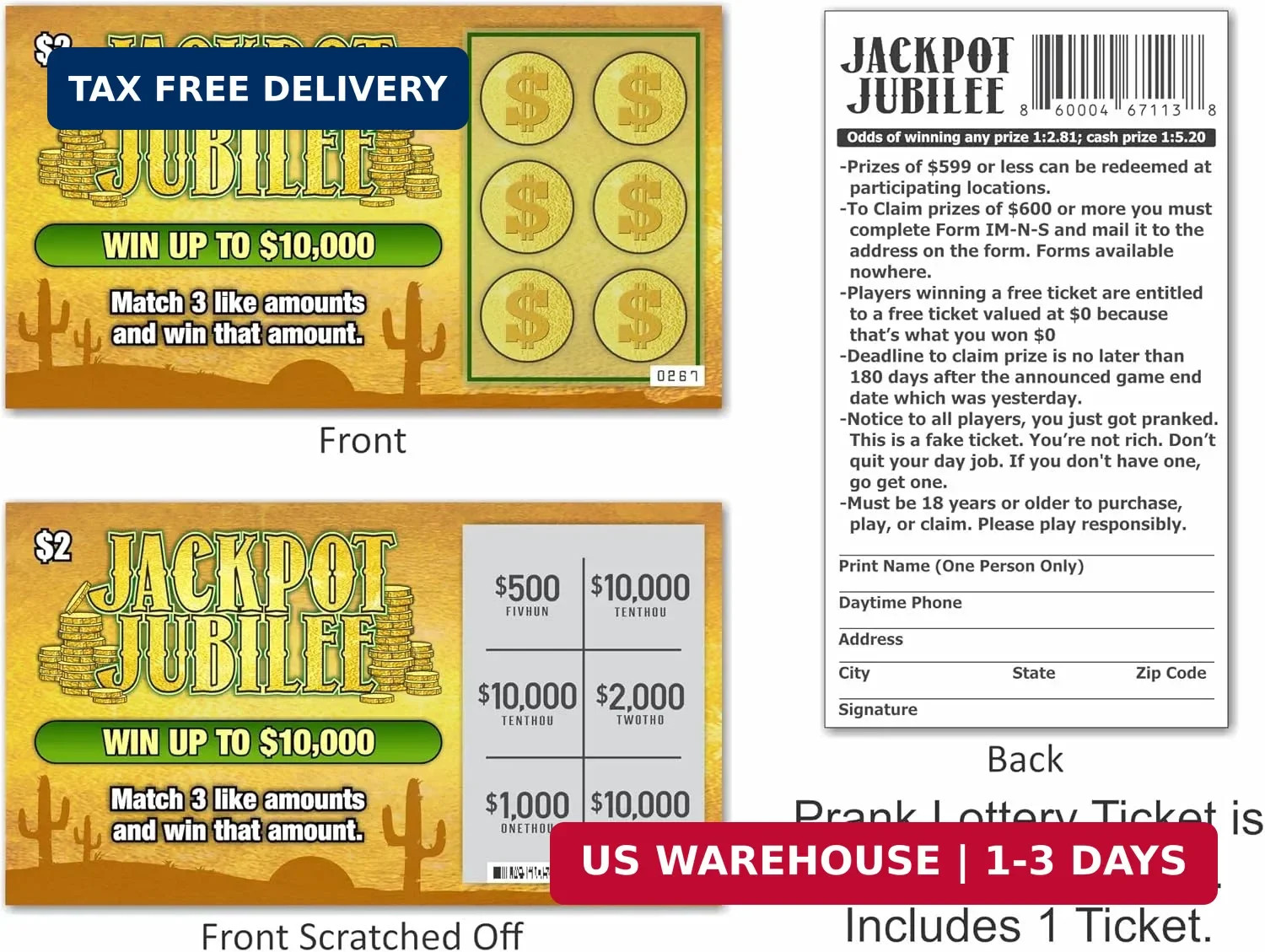 Larkmo Prank Gag Practical Joke Kit Bundle – Fake Lottery Tickets, Parking Viola