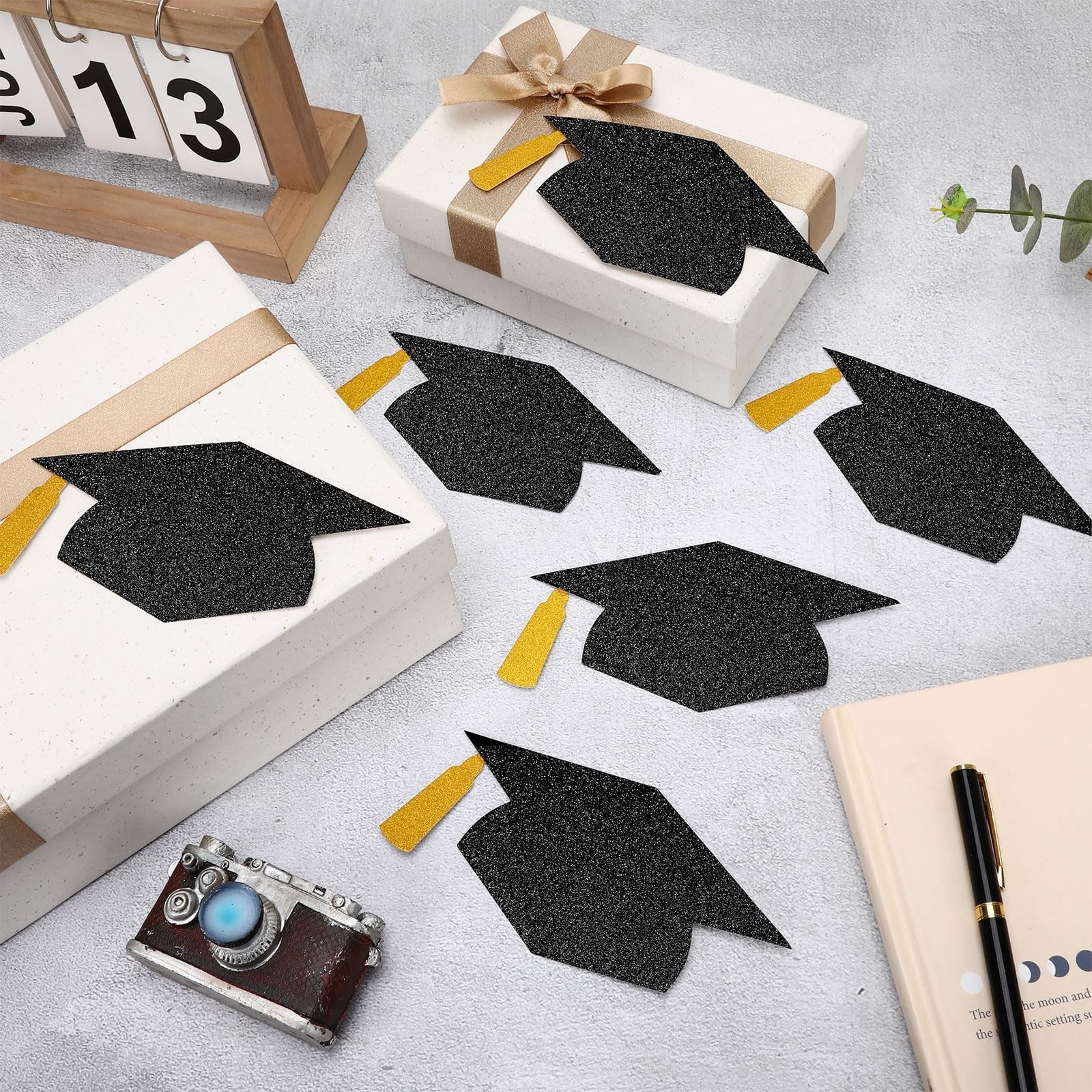 70 PCS Black Gold Grad Caps Glitter Cutouts Glue Points 5.7 Inch