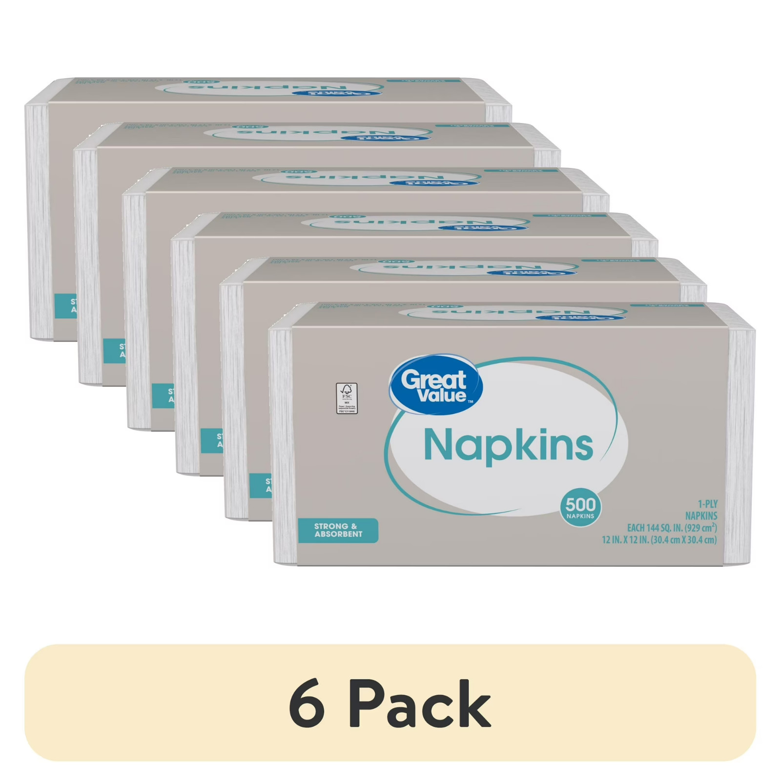 (6 pack) Great Value White Disposable Paper Napkins, 12 in x 12 in, 500 Count