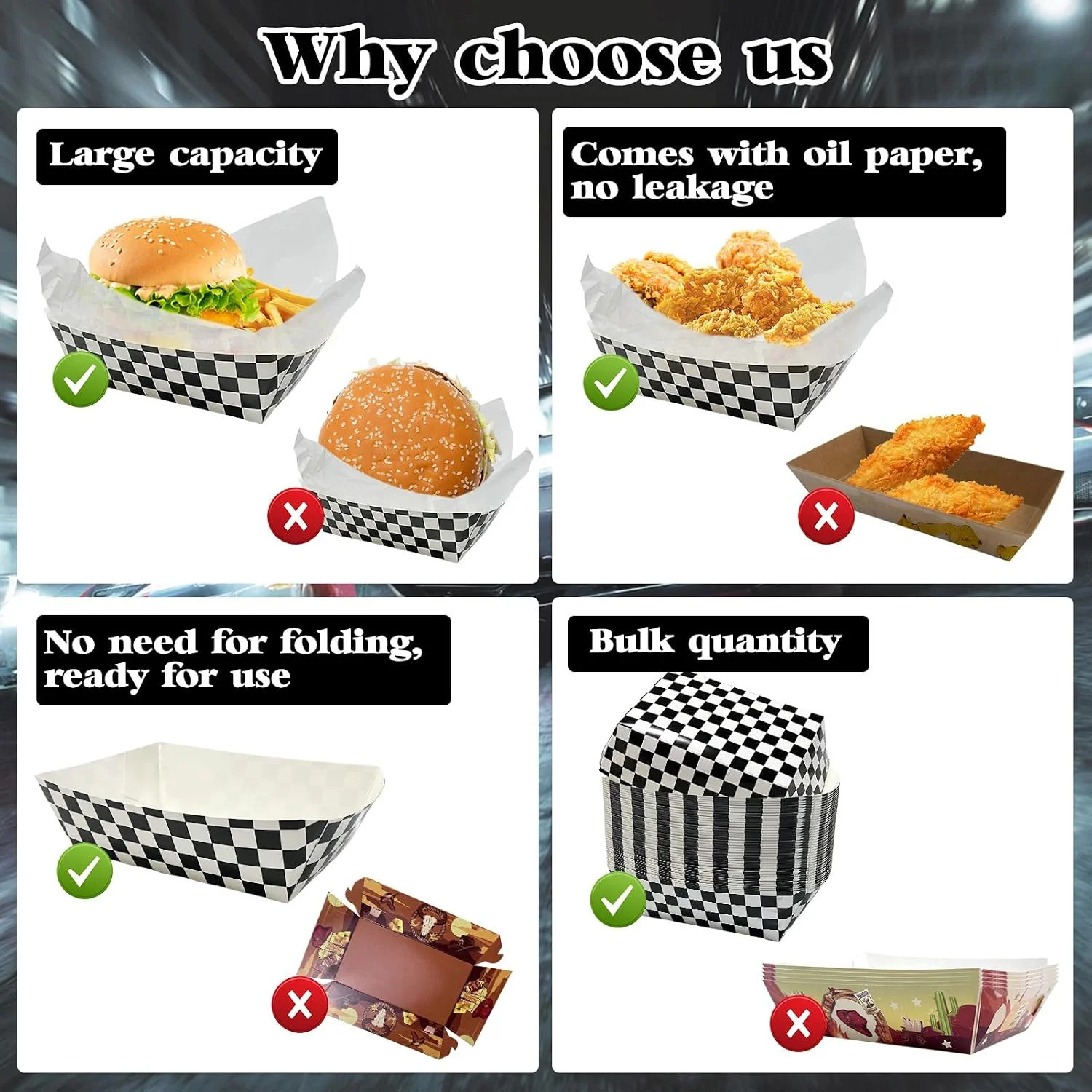 100 Pcs Checkered Race Car Paper Food Trays with 100 Deli Liner, Disposable Pape