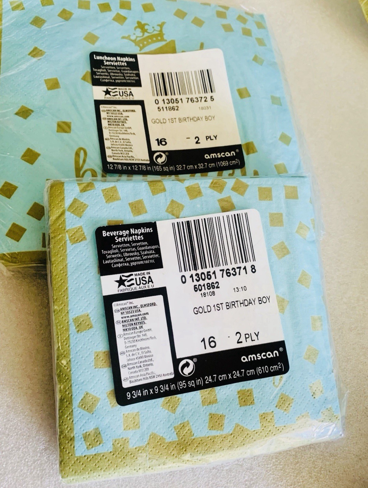 Boy First 1st Birthday Party Blue Teal Gold King Paper Plates and Napkins Lot