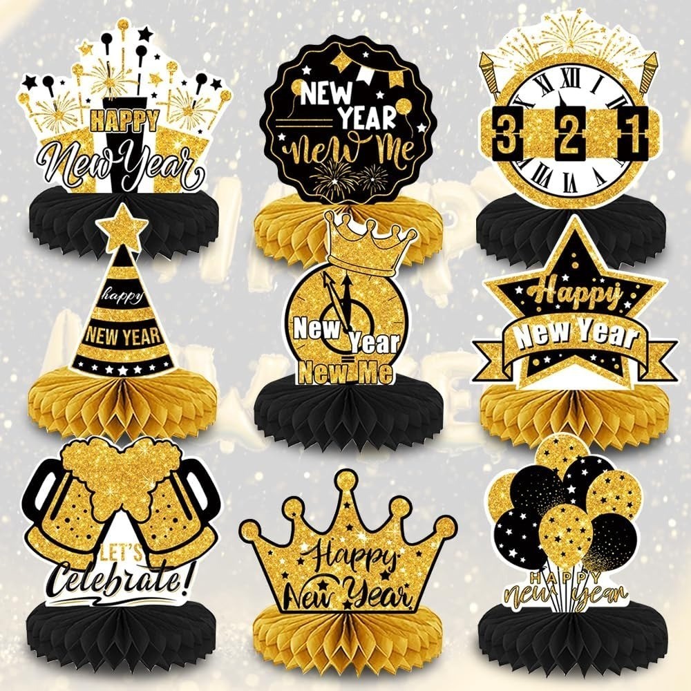 9PCS New Year Honeycomb Table Centerpiece for Home Party, Black Gold 2025 New